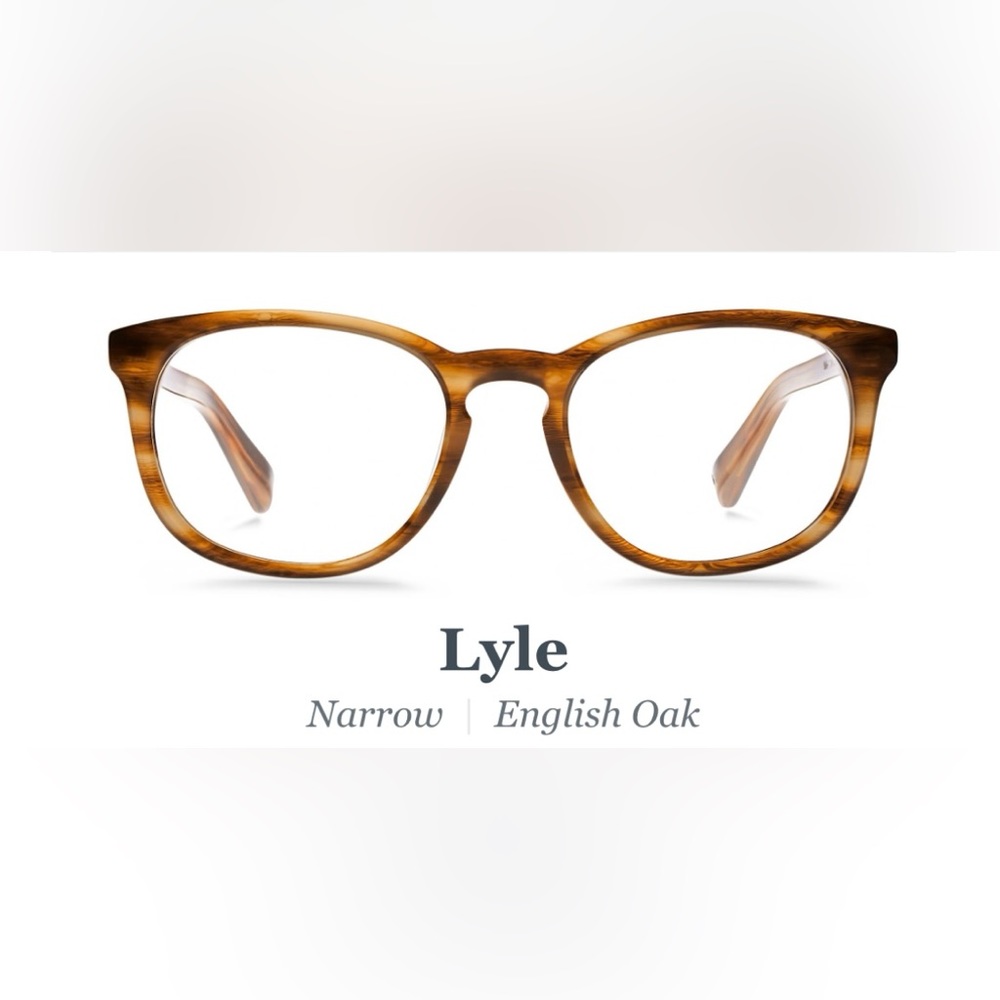 Warby Parker Lyle English Oak Narrow Frames, single vision blue light filtering